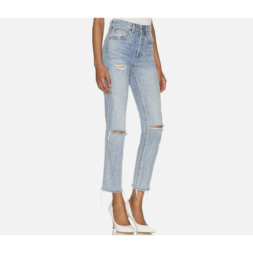 GRLFRND Karolina Distressed Jeans High Rise Straight Crop Raw Hem USA Size 29